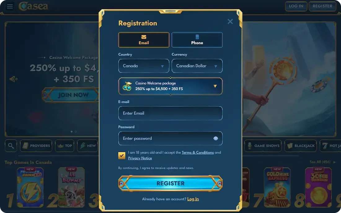 Registrazione e login Casea Casino